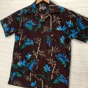 Waves Floral Hawaiian Shirt Bamboo‎ Print Camp Collar Burgundy M/M